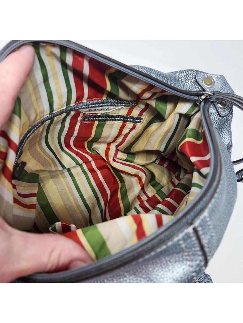 Hype Silver Metallic Double Handle Satchel Genuine Leather Bright Stripes Inside - Picture 6 of 7